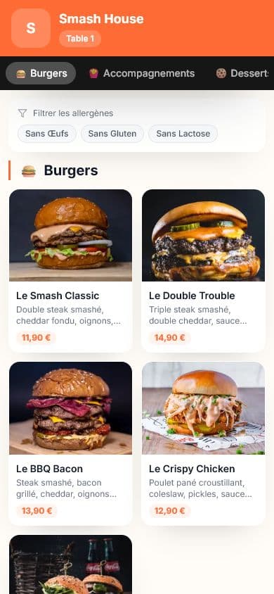 Menu digital Qwick Order sur téléphone : photos des plats, prix, filtres allergènes