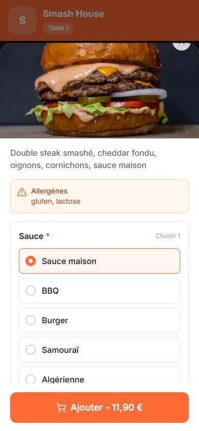 Menu digital Qwick Order sur téléphone : le client sélectionne les options de son produit avant de commander