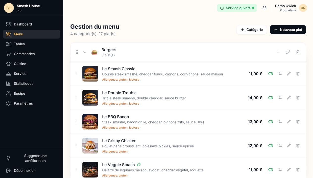Qwick Order — Gestion du menu