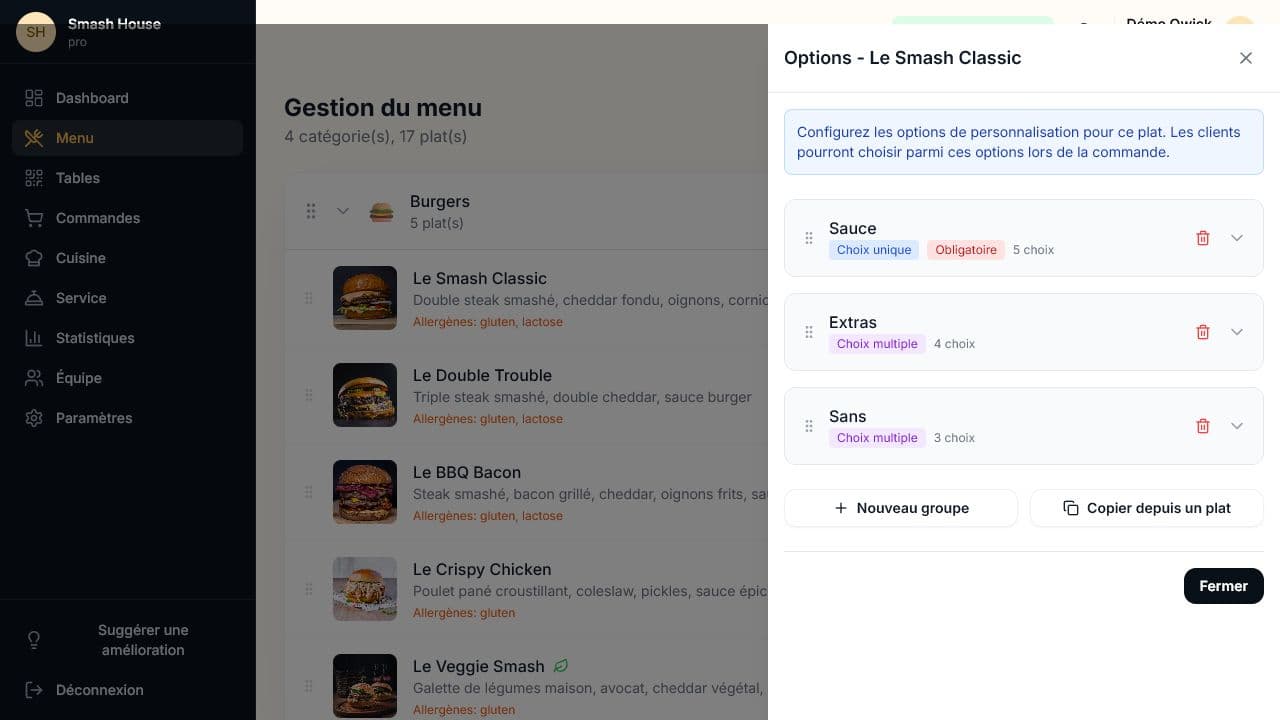 Qwick Order — Options & suppléments